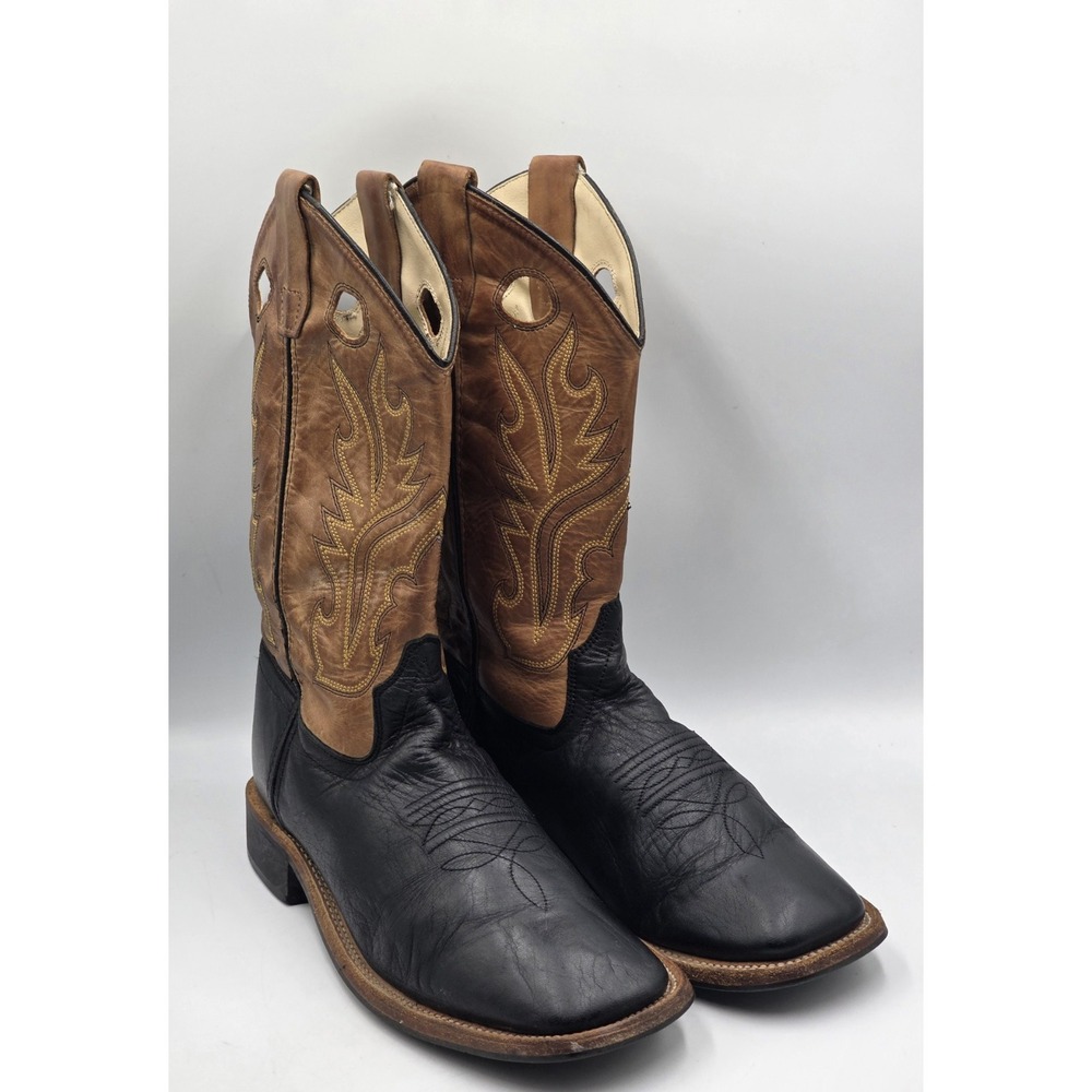 Old West BSY1810 Youth Western Boots Black Tan Calf Leather Square Toe Sz 7